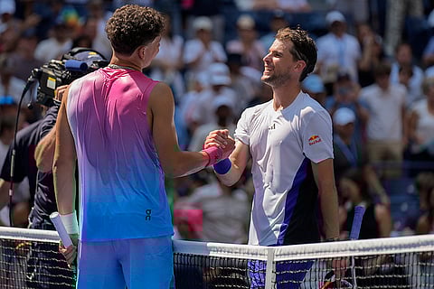 US Open 2024: Ben Shelton, of the United States, left, shakes hands with Dominic Thiem, of Austria